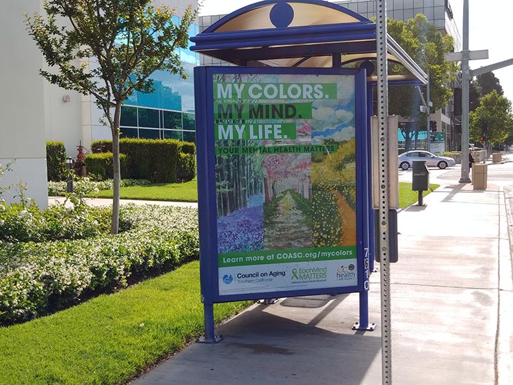 my-colors-my-mind-my-life-poster-with-purple-pink-yellow-flowers-at-bus-stop