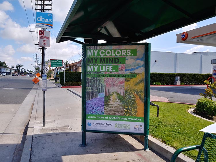 my-colors-my-mind-my-life-poster-with-purple-pink-yellow-flowers-at-bus-stop